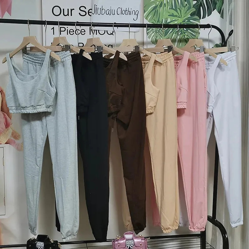 2024 Custom Logo Joggers 2 Piece Crop Top Two Piece Pants Set Women Biker Sportswear Yoga  Woman Sweatsuit Set Summer Shorts Set