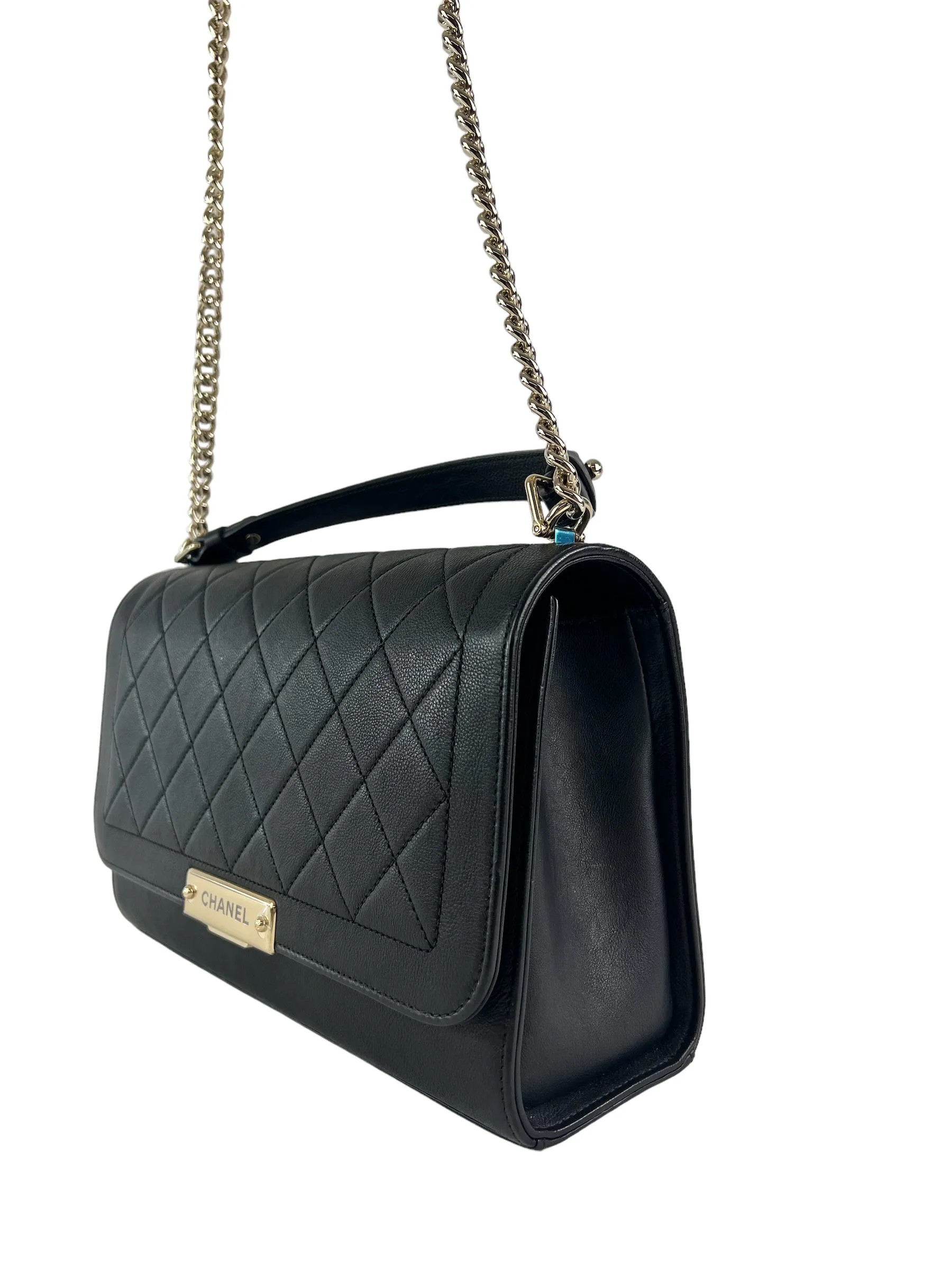 Chanel Black Calfskin Leather Label Click Top Handle Shoulder Bag