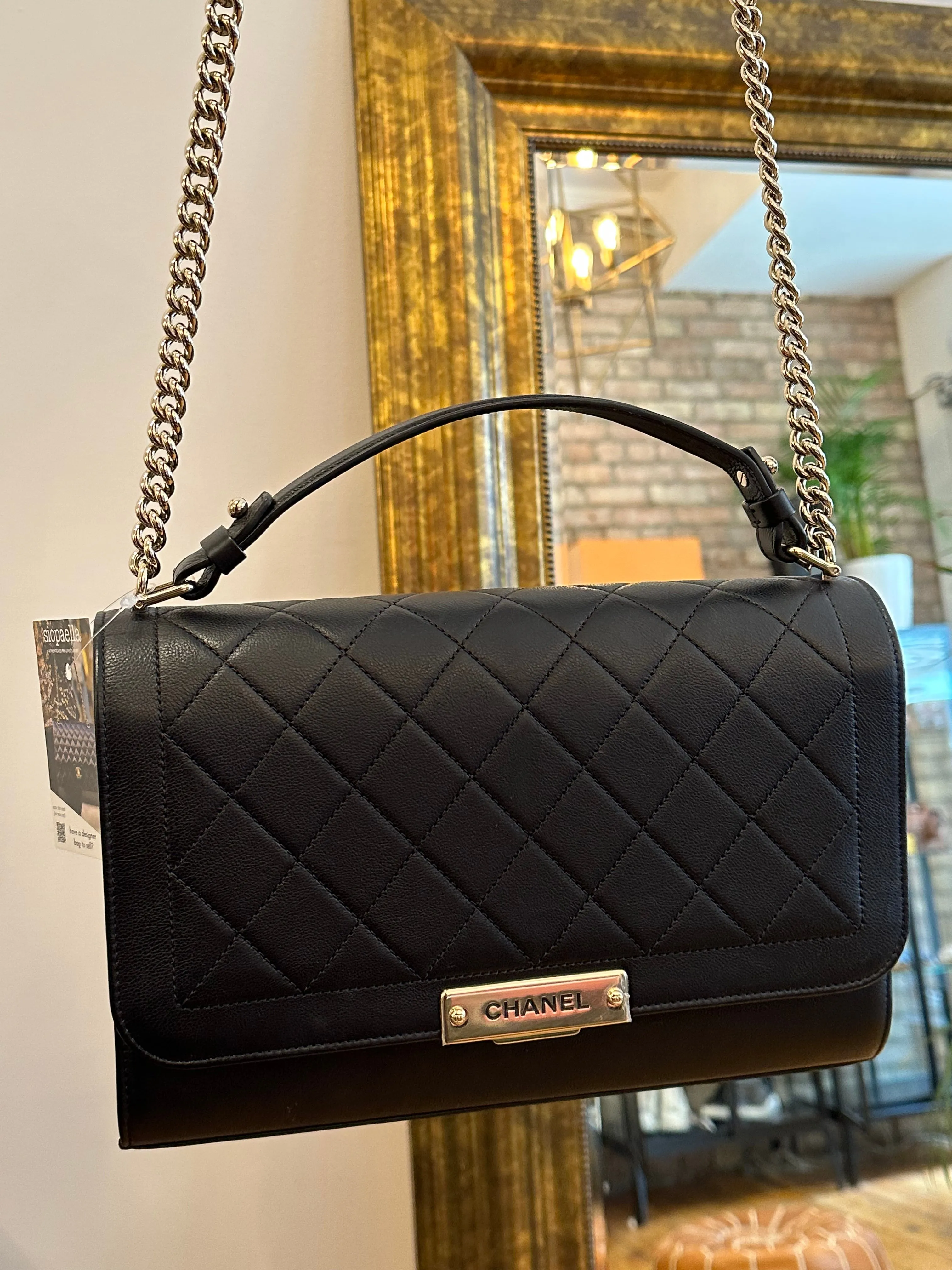 Chanel Black Calfskin Leather Label Click Top Handle Shoulder Bag