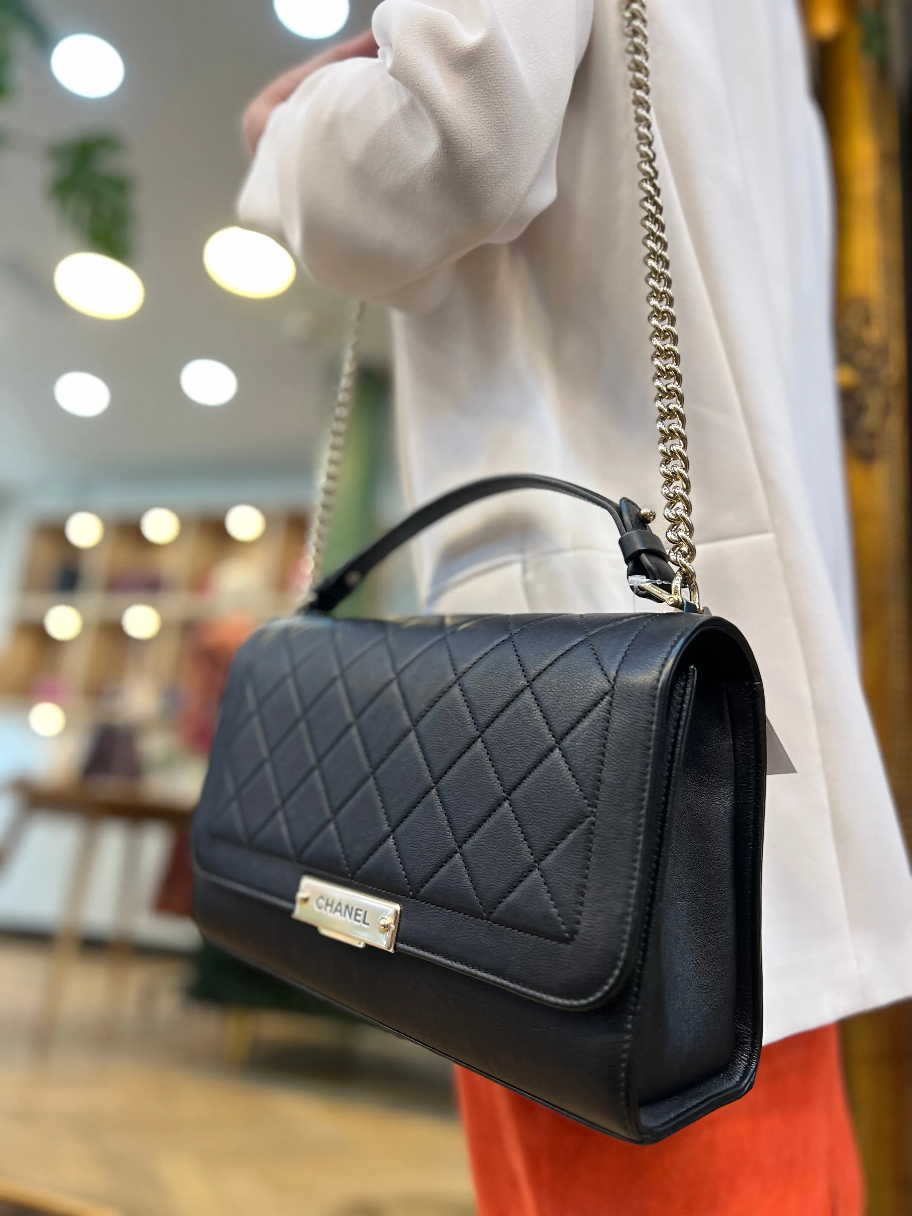 Chanel Black Calfskin Leather Label Click Top Handle Shoulder Bag