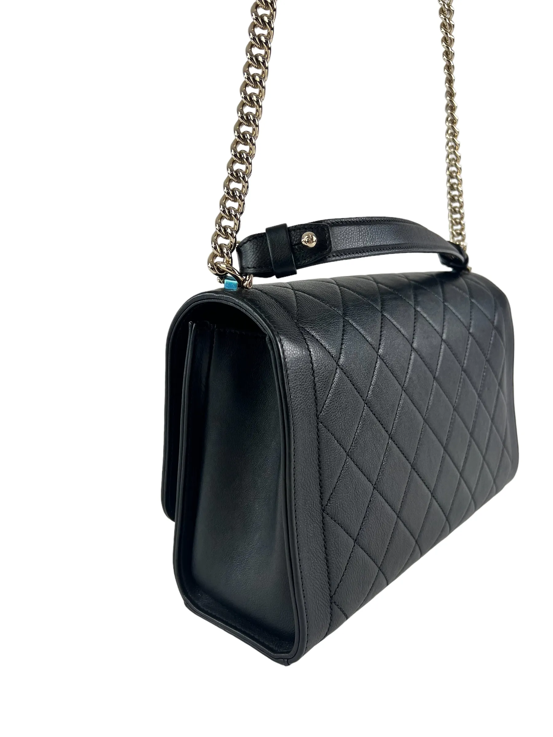 Chanel Black Calfskin Leather Label Click Top Handle Shoulder Bag