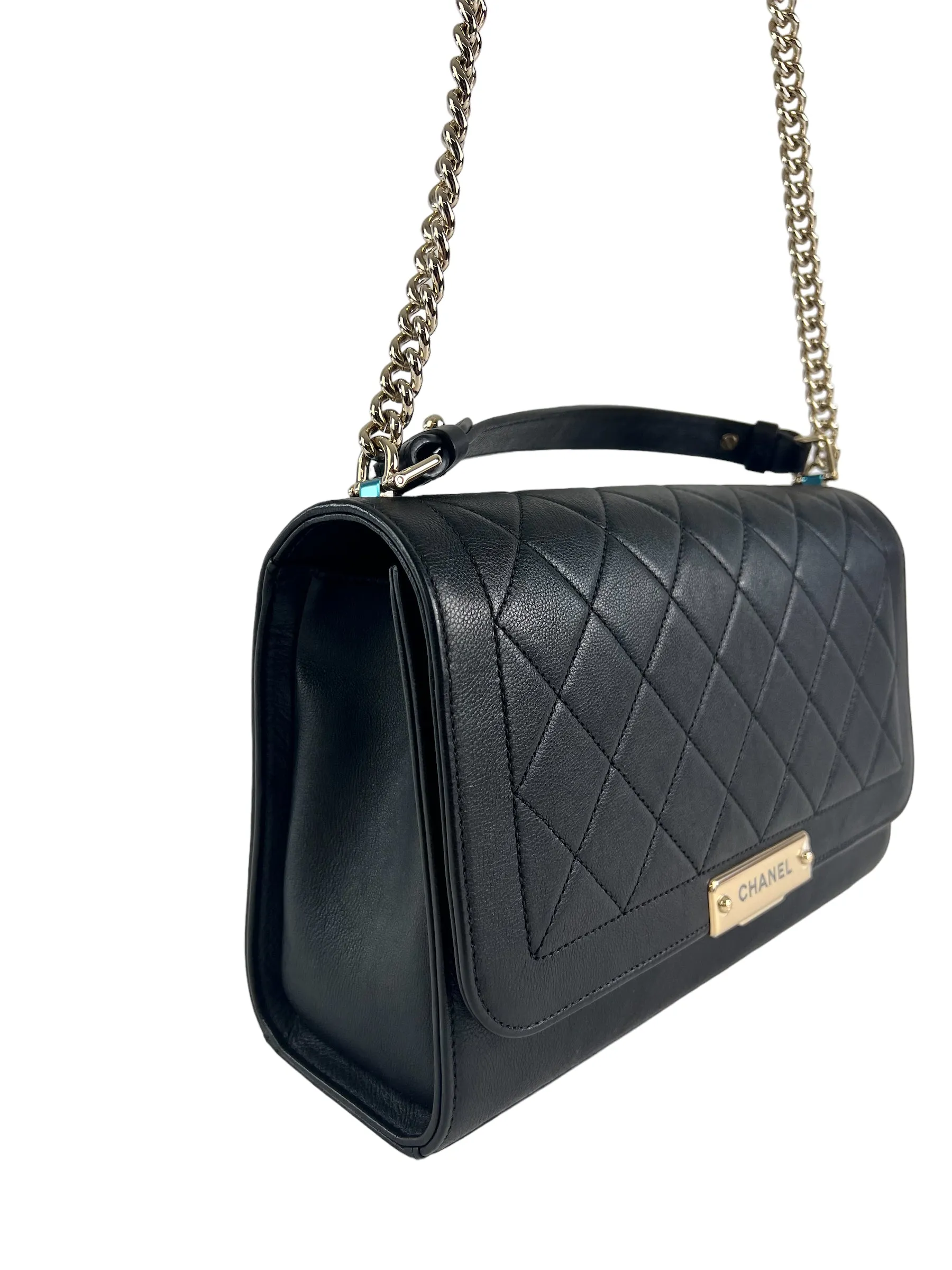 Chanel Black Calfskin Leather Label Click Top Handle Shoulder Bag