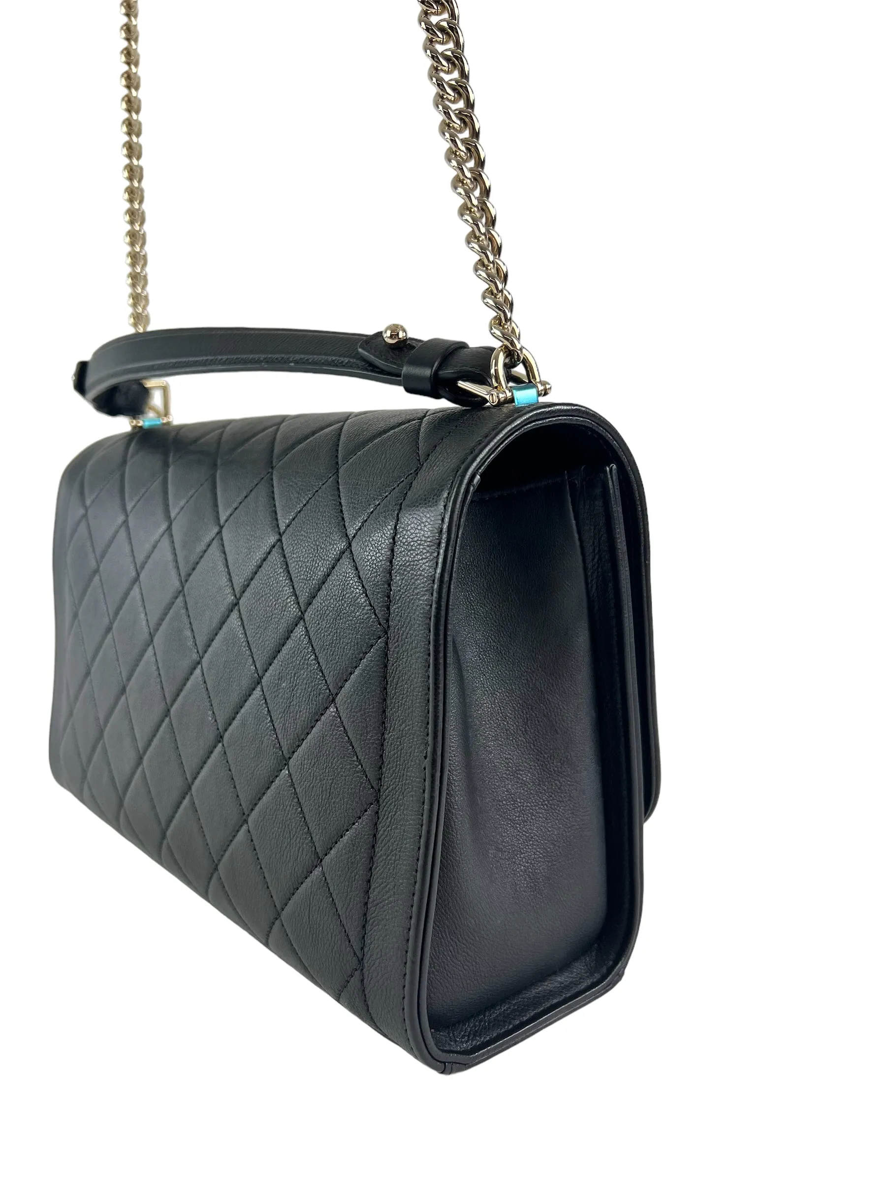 Chanel Black Calfskin Leather Label Click Top Handle Shoulder Bag