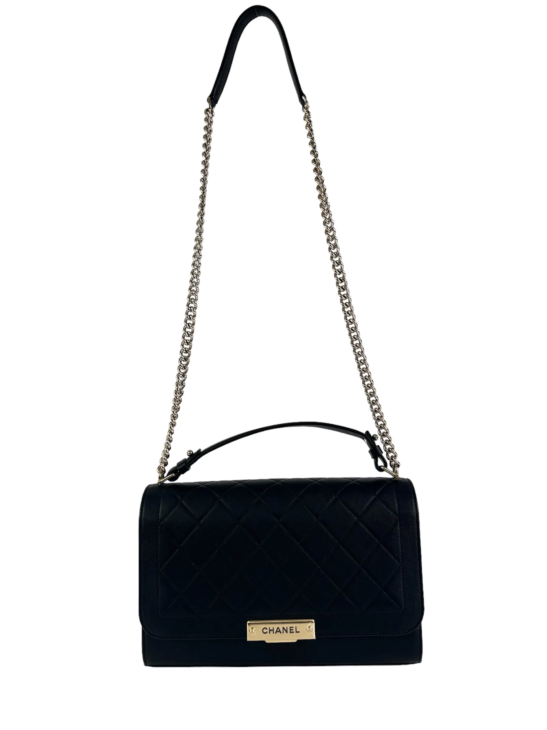 Chanel Black Calfskin Leather Label Click Top Handle Shoulder Bag
