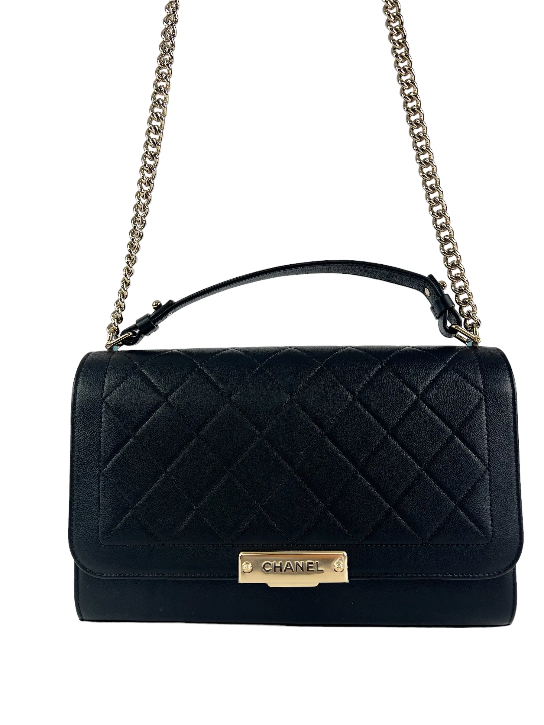 Chanel Black Calfskin Leather Label Click Top Handle Shoulder Bag