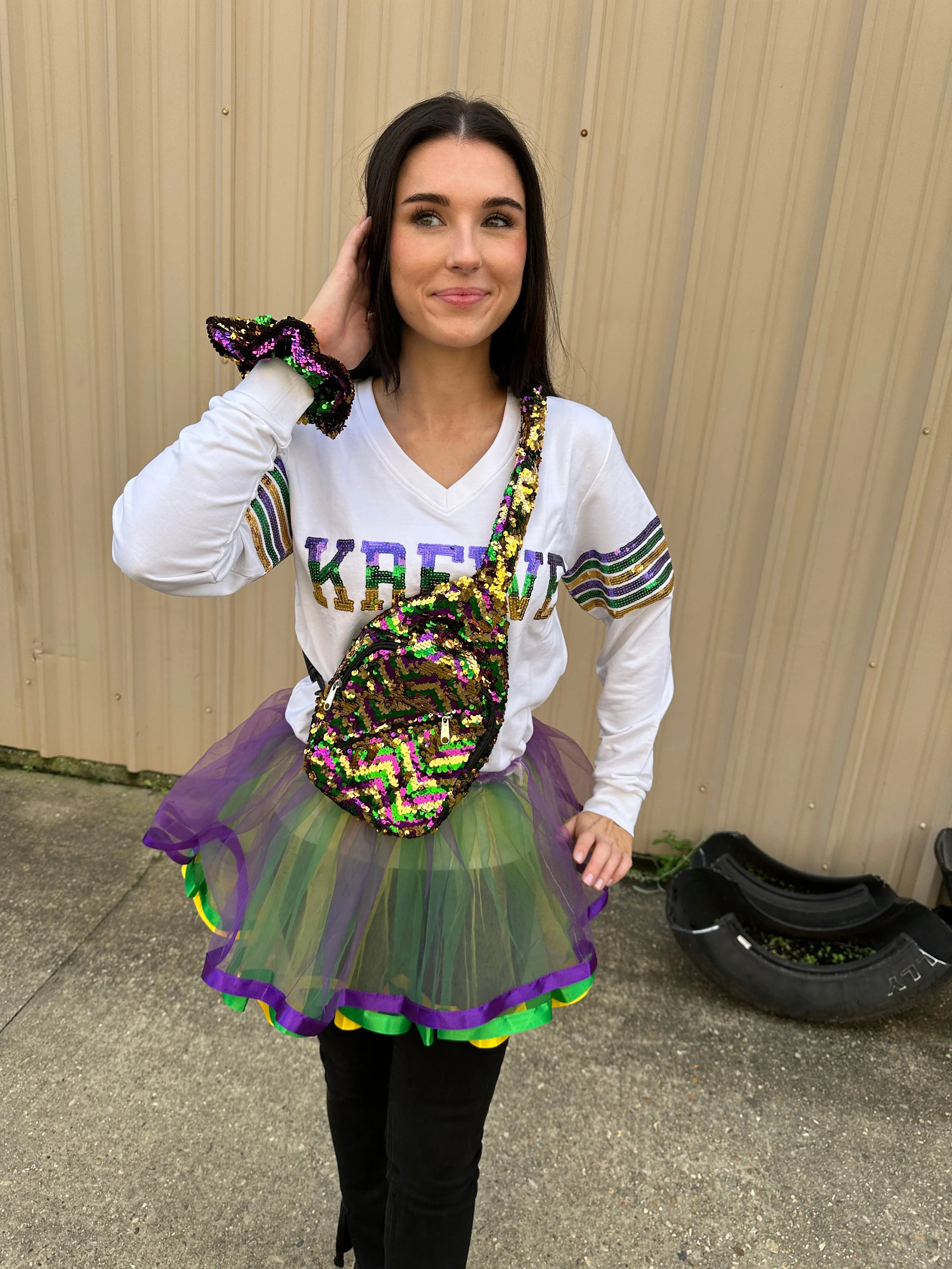 Chevron Crossbody Sequin Purple, Green, and Gold Backpack