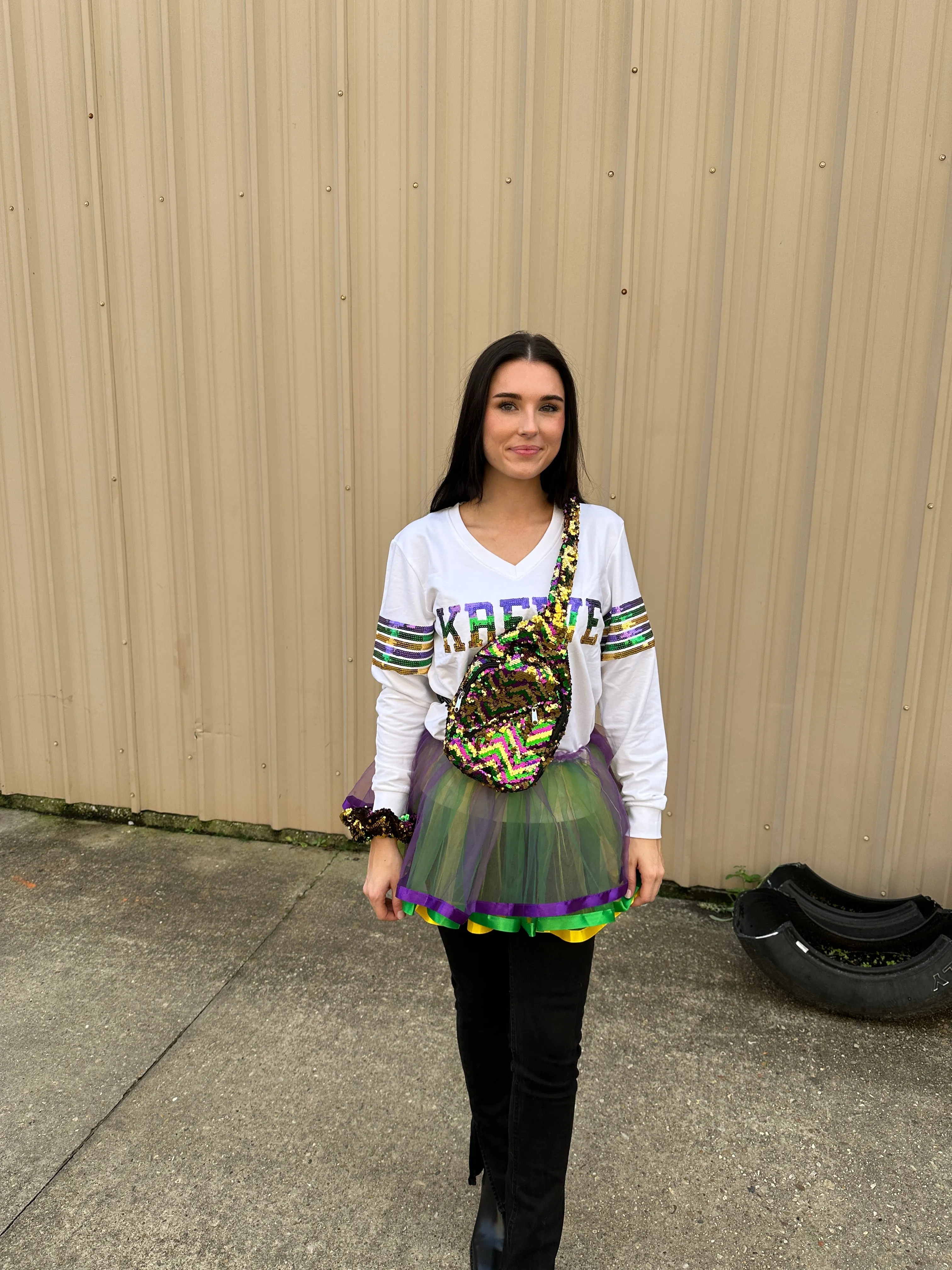 Chevron Crossbody Sequin Purple, Green, and Gold Backpack