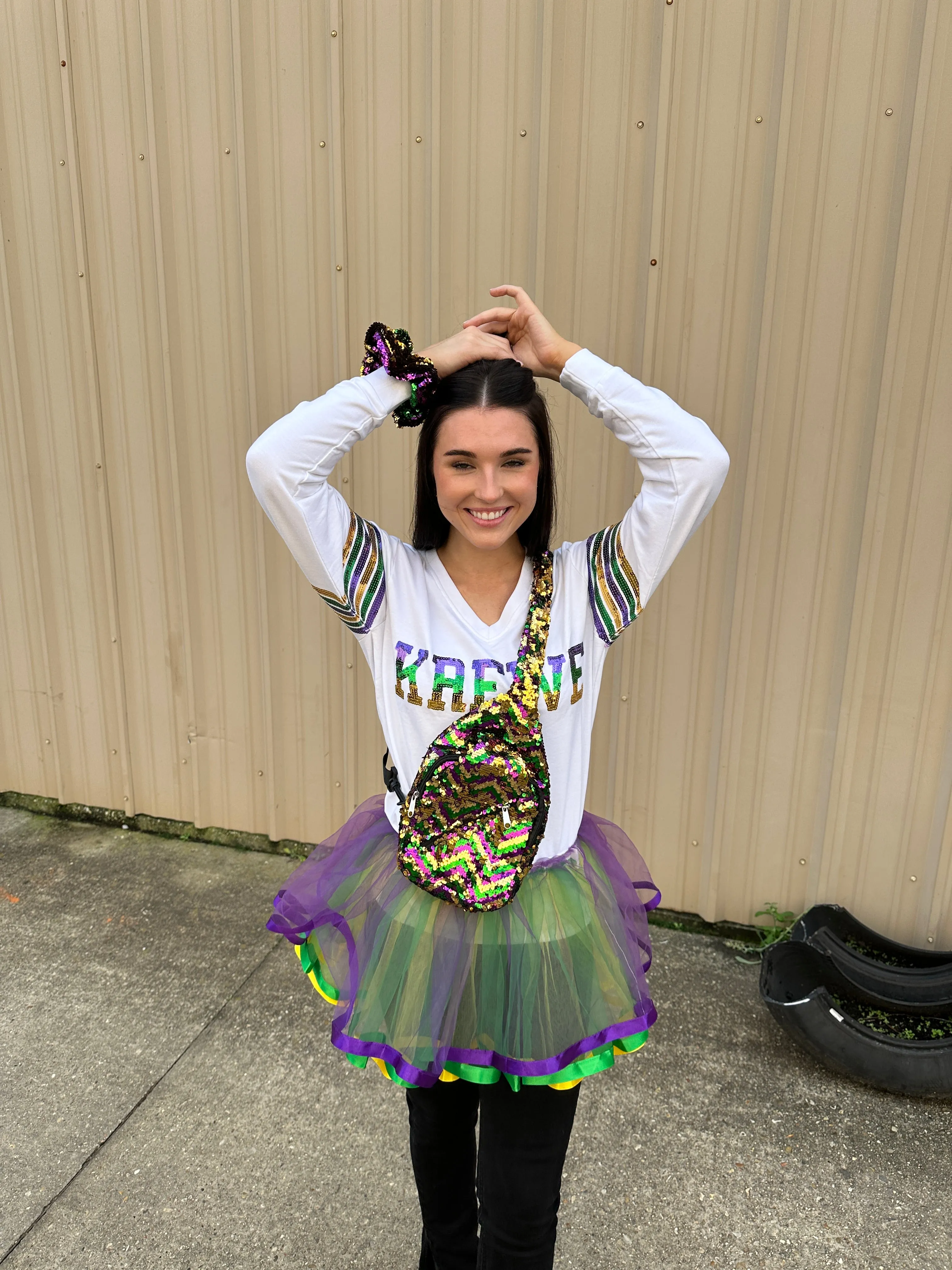 Chevron Crossbody Sequin Purple, Green, and Gold Backpack