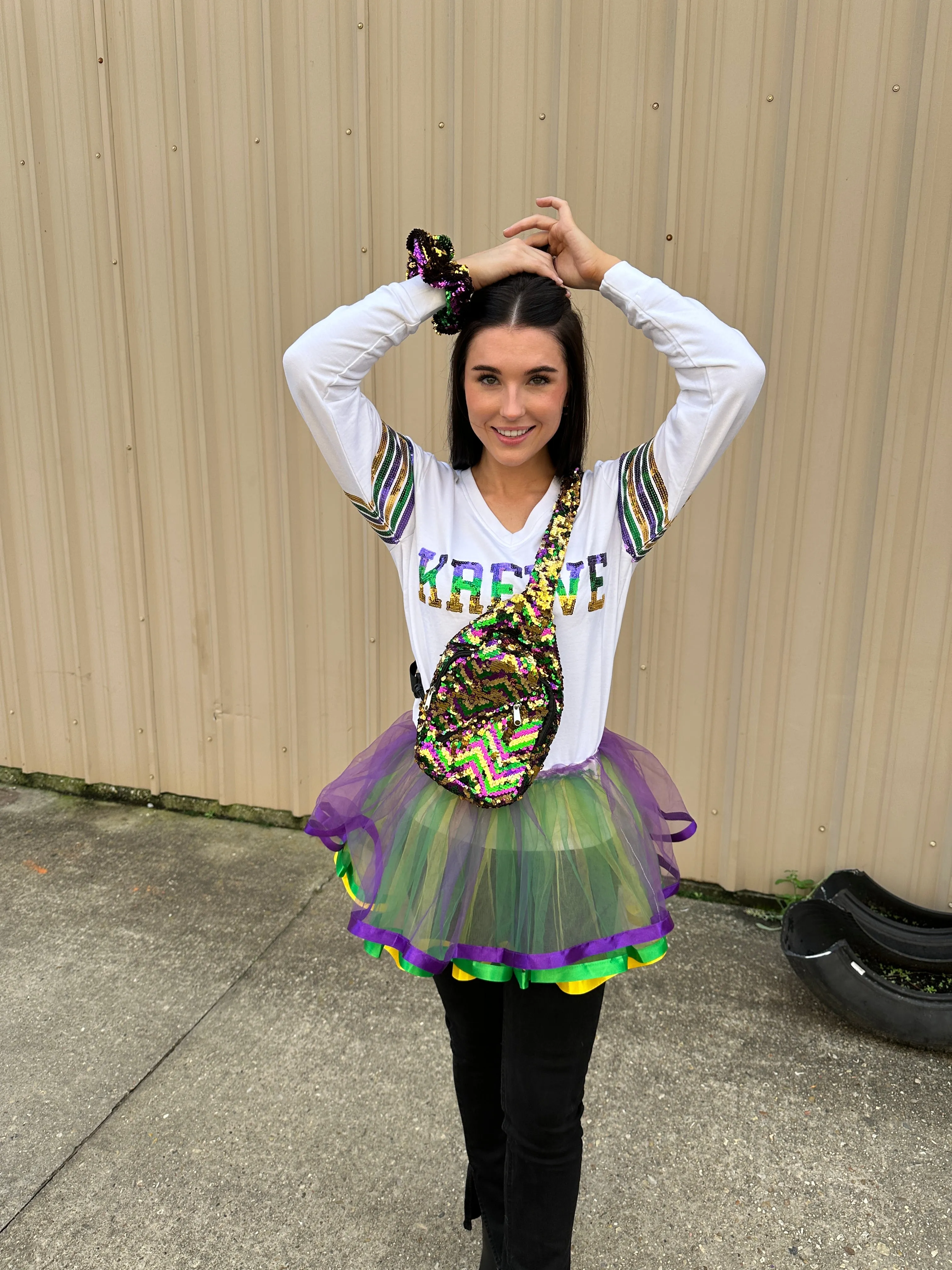 Chevron Crossbody Sequin Purple, Green, and Gold Backpack