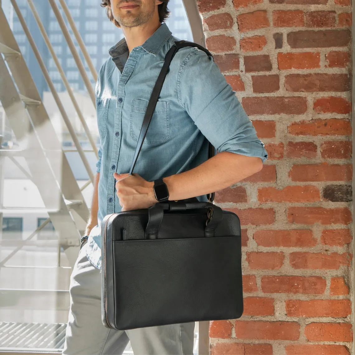 Dazzlo Top Grain Leather Laptop Briefcase Bag - Black/Brown - 15.74"