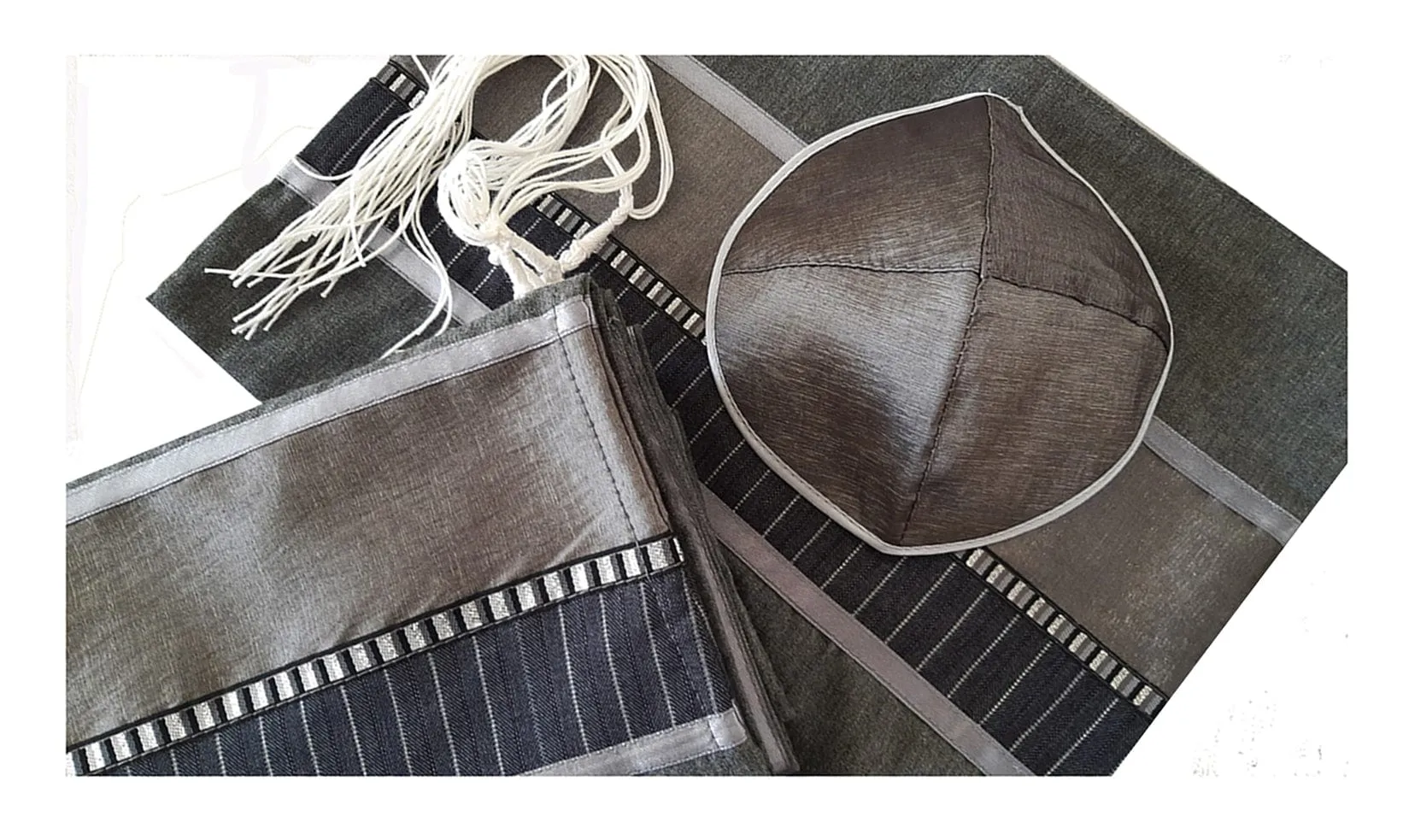 Distinguished Gray Wool & Polyester Blend Tallit with Silver Trimming, Tzitzit Bar Mitzvah Tallit Set, Custom Tallit, Modern Tallit, Contemporary Tallit