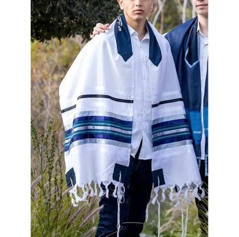 Exclusive Tallit with Blue, Gray and Silver shades stripes Wool Tallit, Tzitzit Bar Mitzvah Tallit Set from Israel